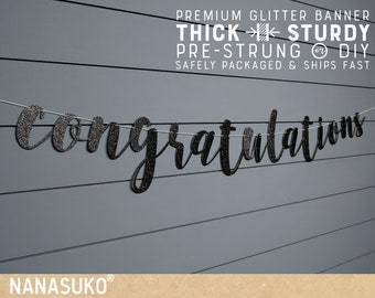 congratulations black banner, graduation party decor,  black glitter party decorations, cursive banner