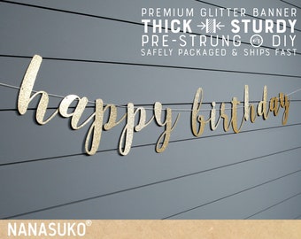 Happy Birthday banner, Gold Glitter party decorations, custom birthday banner, cursive banner