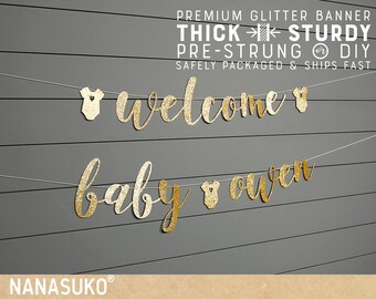welcome baby banner with onesies and custom name, Gender Reveal banner, Baby Shower banner, Gold Glitter party decorations, cursive banner