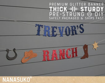 RANCH banner with personalized name, rodeo birthday banner, western theme party, cowgirl, cowboy, glitter banners