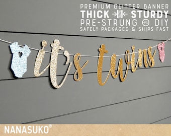 it's twins banner with onesies, Gender Reveal banner, Baby Shower banner, Gold Glitter party decorations, cursive banner