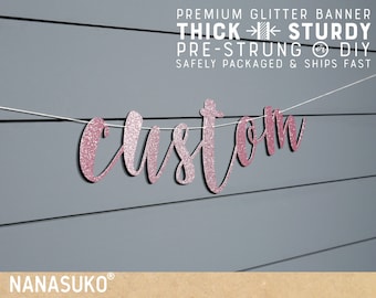 Custom Pink banner, Personalized banner, Glitter party decorations, cursive banner, regular or large size