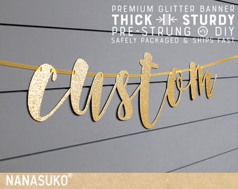 Custom banner, Personalized banner, one line banner, Gold Glitter party decorations, cursive banner, Large size