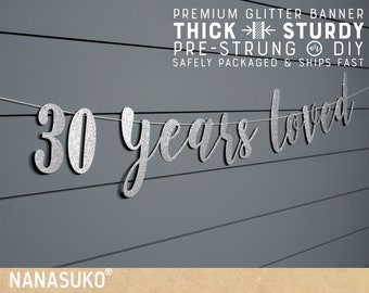 30th birthday banner, Silver 30 years loved banner, Glitter banner, 30th birthday decorations, cursive banner