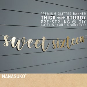sweet sixteen banner, 16th birthday banner, gold glitter party decorations, cursive banner