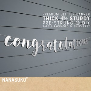 congratulations silver banner, graduation party decor, silver glitter party decorations, cursive banner