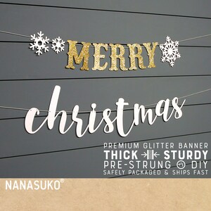 MERRY christmas banner, with snowflakes, christmas decorations, glitter party decorations, cursive banner