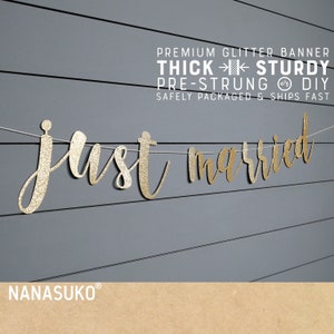 Just Married banner, wedding banner, gold glitter party decorations, cursive banner