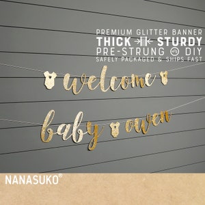 welcome baby banner with onesies and custom name, Gender Reveal banner, Baby Shower banner, Gold Glitter party decorations, cursive banner