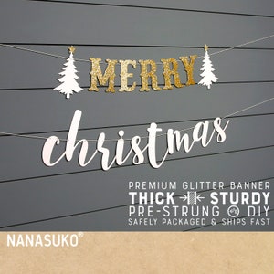 MERRY christmas banner, with christmas trees, christmas decorations, glitter party decorations, cursive banner