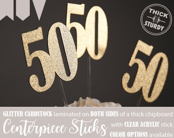 50 centerpiece sticks, fiftieth birthday centerpiece sticks, fifty centerpiece sticks, Glitter party decorations (3 Count)