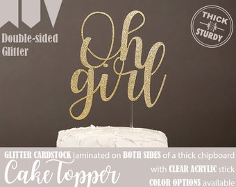 Oh girl cake topper, Gender reveal cake topper for baby shower, Gold Glitter party decorations, cursive topper