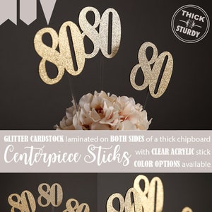 80 centerpiece sticks, eightieth birthday centerpiece sticks, eighty centerpiece sticks, Glitter party decorations (3 Count)