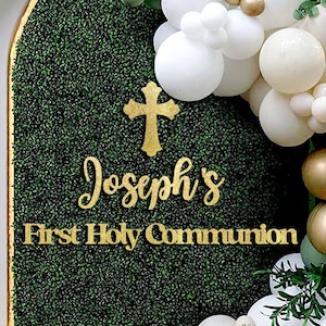 First Holy Communion sign with Custom name, laser cut for backdrop, Baptism, Cross sign, Christening, Non shedding glitter, Easy set up