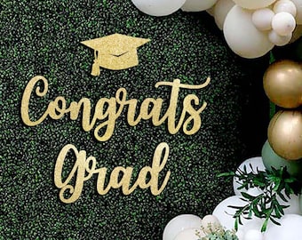 Congrats Grad Backdrop Sign with graduation cap, Graduation party decor, Class of 2026 cutout, Lasercut, non shedding glitter paperboard