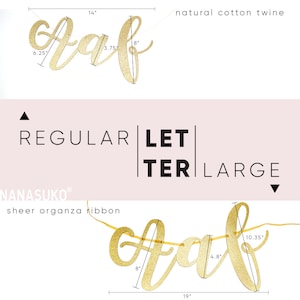 May include: Gold glitter "Olaf" banner with letters strung on a sheer organza ribbon. The banner is 19 inches long and the letters are 8 inches tall. The banner is available in regular, letter, and large sizes.