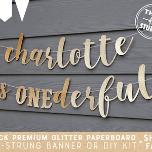 May include: Gold glitter paper banner that reads "charlotte is onederful". The banner is pre-strung and comes with a thick, sturdy construction.