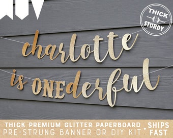 ONEderful banner with custom name, 1st birthday, glitter party decorations, cursive banner