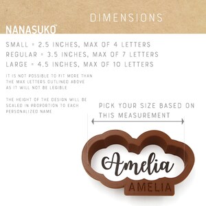 May include: Brown cloud-shaped cookie cutter with the name "Amelia" in a cursive font. The image includes size details: Small (2.5 inches), Regular (3.5 inches), and Large (4.5 inches). The text also mentions the maximum number of letters for each size.