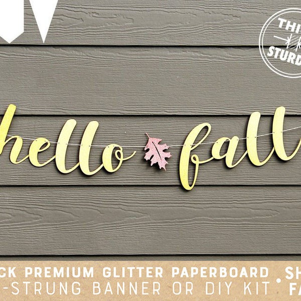 Hello Fall banner, fall banner, thanksgiving decorations, gold glitter party decorations, cursive banner
