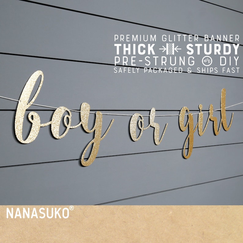Boy or Girl banner, Gender Reveal banner, Baby Shower banner, Gold Glitter party decorations, cursive banner image 1