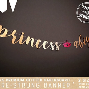 princess banner with personalized name, fairy tale baby shower, princess baby shower, royal princess birthday, glitter banners, cursive image 1