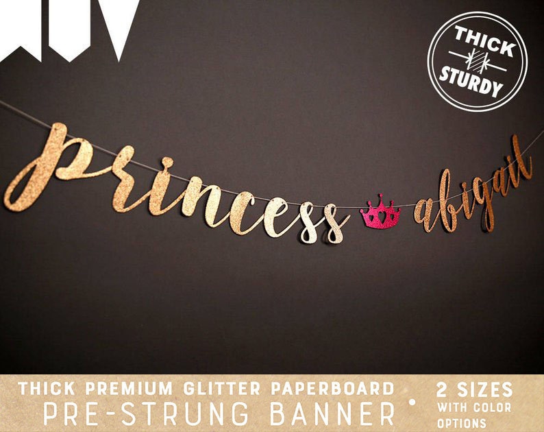 princess banner with personalized name, fairy tale baby shower, princess baby shower, royal princess birthday, glitter banners, cursive image 1