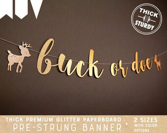 buck or doe banner, with buck or doe, woodland baby shower, woodland birthday, glitter party decorations, cursive banner