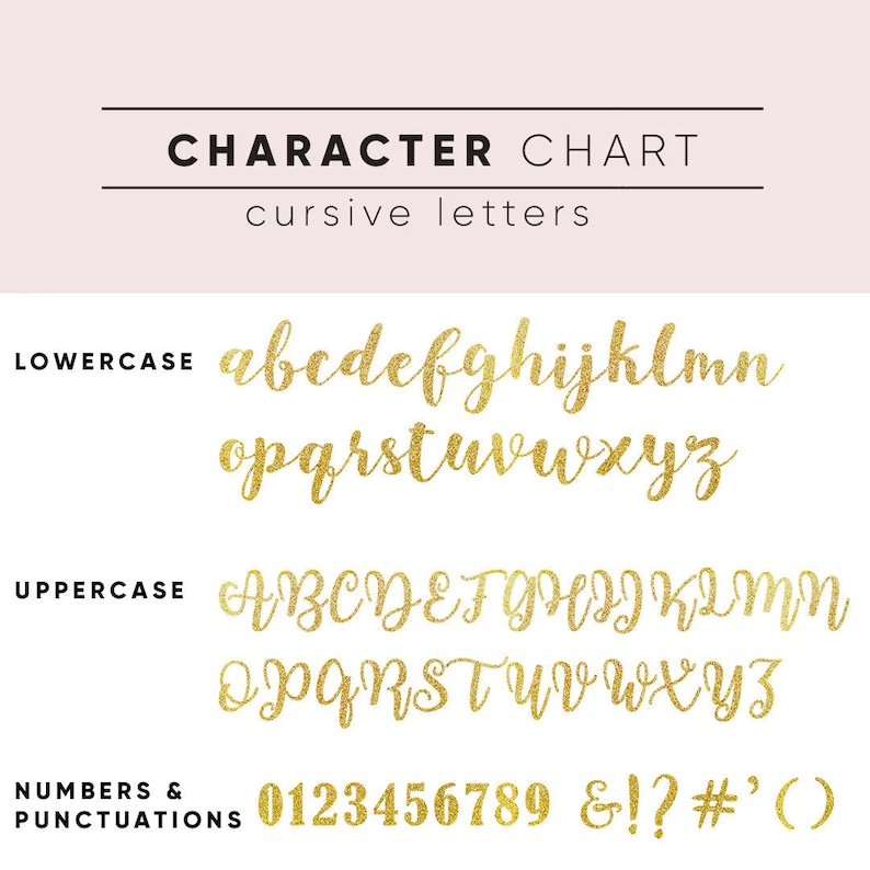K&ouml;nnte beinhalten: Ein Zeichen-Diagramm mit einer goldenen Glitzer-Schriftart, die Klein- und Gro&szlig;buchstaben, Zahlen und Satzzeichen zeigt. Das Diagramm tr&auml;gt den Titel "CHARACTER CHART cursive letters".