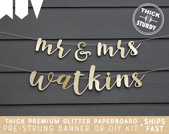 mr and mrs banner with Custom Last Name, Personalized banner, Gold Glitter party decorations, cursive banner