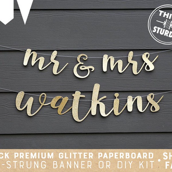 mr and mrs banner with Custom Last Name, Personalized banner, Gold Glitter party decorations, cursive banner