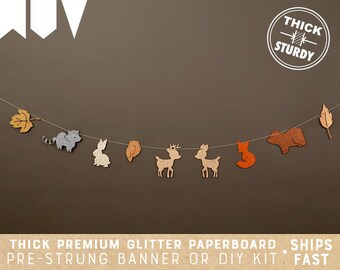 woodland garland, woodland birthday, woodland baby shower, woodland animals banner, fall woodland, glitter garland