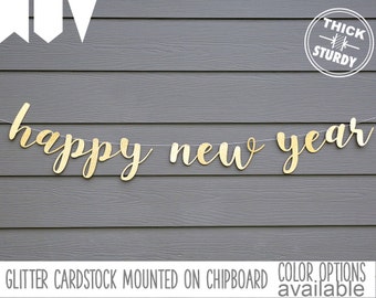 happy new year banner, glitter party decorations, mantle decor, cursive banner