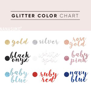 Puede incluir: Una tabla que muestra diferentes colores de purpurina, incluyendo oro, plata, oro rosa, &oacute;nix negro, &oacute;palo blanco, rosa beb&eacute;, azul beb&eacute;, rojo rub&iacute; y azul marino.