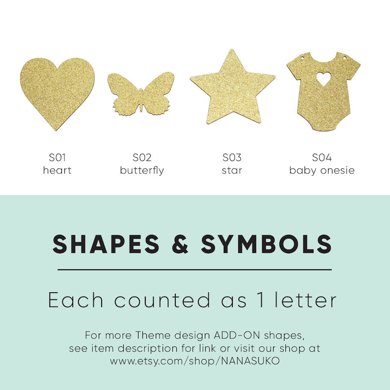 K&ouml;nnte beinhalten: Vier goldene Glitzerformen: ein Herz, ein Schmetterling, ein Stern und ein Baby-Strampler. Die Formen sind mit dem Text "S01 Herz", "S02 Schmetterling", "S03 Stern" und "S04 Baby-Strampler" beschriftet. Der Text "FORMEN & SYMBOLE" wird in schwarzen Buchstaben &uuml;ber den Formen angezeigt. Der Text "Jede z&auml;hlt als 1 Buchstabe" wird in schwarzen Buchstaben unter den Formen angezeigt. Der Text "Weitere Theme-Design ADD-ON-Formen finden Sie in der Artikelbeschreibung oder besuchen Sie unseren Shop unter www.etsy.com/shop/NANASUKO" wird in schwarzen Buchstaben unter dem Text "Jede z&auml;hlt als 1 Buchstabe" angezeigt.