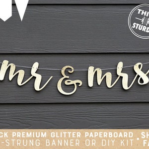 mr & mrs banner, wedding banner, gold glitter party decorations, cursive banner