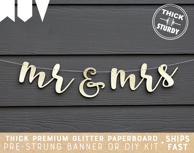 mr & mrs banner, wedding banner, gold glitter party decorations, cursive banner 