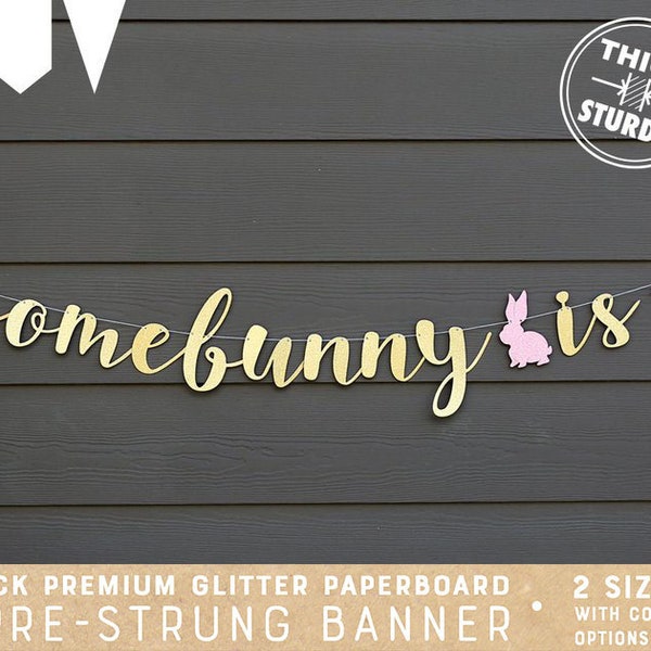 some bunny is one banner, 1st birthday banner, bunny theme, gold glitter party decorations, cursive banner, BUN002