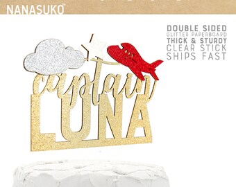 captain cake topper with personalized name, airplane cake topper, Glitter party decorations, cursive topper