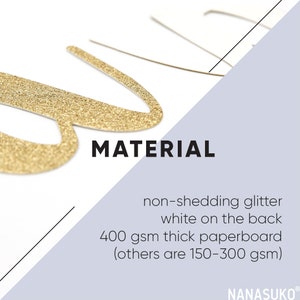 May include: Gold glitter letter "B" with a white backing. The material is 400 gsm thick paperboard, which is thicker than the 150-300 gsm paperboard used for other letters.