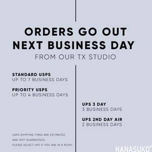 Puede incluir: Un fondo blanco con texto negro que dice "Los pedidos salen el siguiente d&iacute;a h&aacute;bil desde nuestro estudio en Texas". El texto tambi&eacute;n enumera diferentes opciones de env&iacute;o con tiempos de entrega estimados, que incluyen USPS Standard, USPS Priority, UPS 3 d&iacute;as y UPS 2 d&iacute;as.