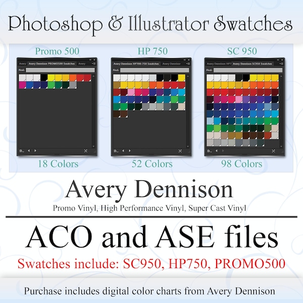 Avery Dennison HP750 SC950 SWATCHES Palettes Vinyl Color Chart Promo500 HP 750 SC 950 ase aco photoshop illustrator Creative Suite Cs