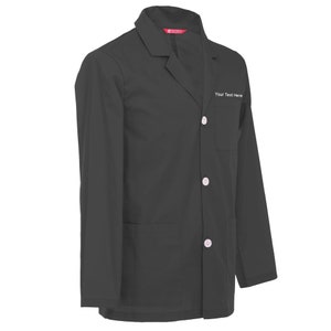 May include: A black lab coat with a button fastening and two pockets. The text "Your Text Here" is embroidered on the right side of the coat.