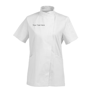 May include: A white chef's coat with short sleeves, a mandarin collar, and a wrap-style front. The coat has two front pockets and a small pocket on the left sleeve. The text "Your Text Here" is printed on the left side of the chest.