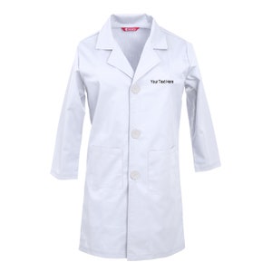 May include: White lab coat with long sleeves, four buttons, and two pockets. The text "Your Text Here" is embroidered on the front.