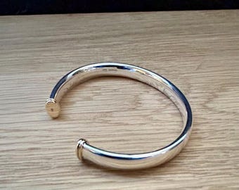Aurora - 925 Sterling Silver Chunky Heavy Torc Bangle With 9ct Gold Caps | Made By Hand And Hallmarked In The UK | Exceptional Quality |