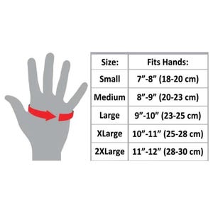 May include: A gray hand illustration with a red arrow indicating measurement. A table lists glove sizes: Small (7"-8" / 18-20 cm), Medium (8"-9" / 20-23 cm), Large (9"-10" / 23-25 cm), XLarge (10"-11" / 25-28 cm), and 2XLarge (11"-12" / 28-30 cm).