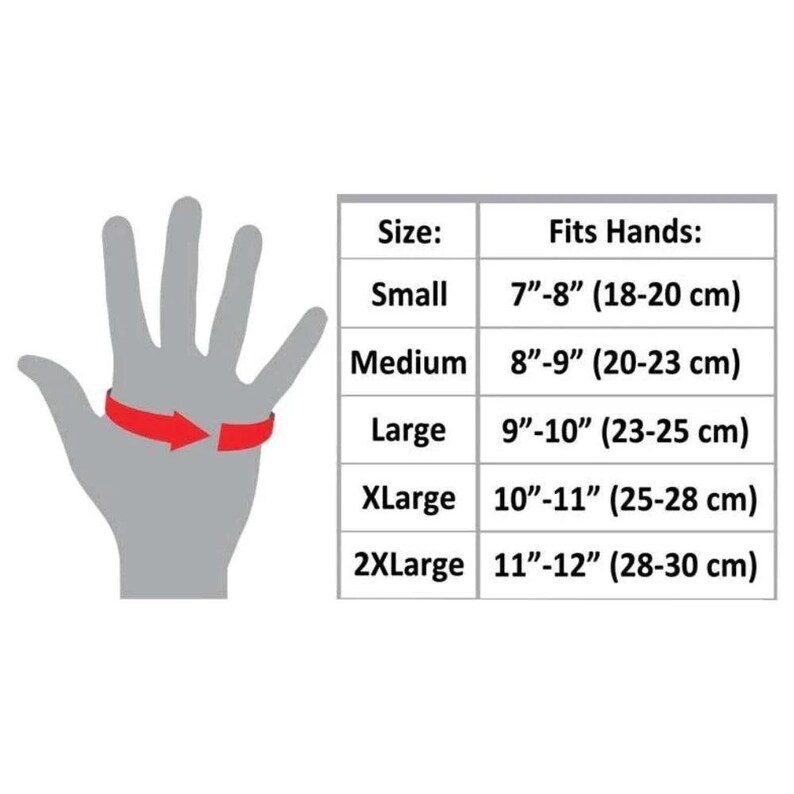 May include: A gray hand illustration with a red arrow indicating measurement. A table lists glove sizes: Small (7"-8" / 18-20 cm), Medium (8"-9" / 20-23 cm), Large (9"-10" / 23-25 cm), XLarge (10"-11" / 25-28 cm), and 2XLarge (11"-12" / 28-30 cm).