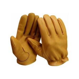 May include: A pair of tan leather work gloves. The gloves are made of a soft, supple leather and have reinforced stitching. The gloves are designed for durability and protection, suitable for various tasks.