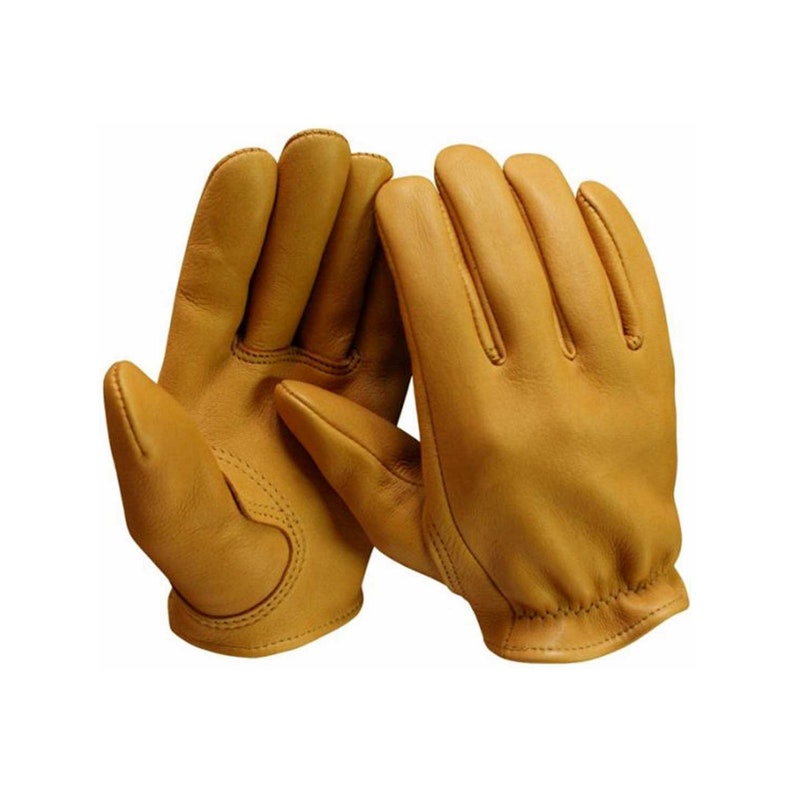 May include: A pair of tan leather work gloves. The gloves are made of a soft, supple leather and have reinforced stitching. The gloves are designed for durability and protection, suitable for various tasks.